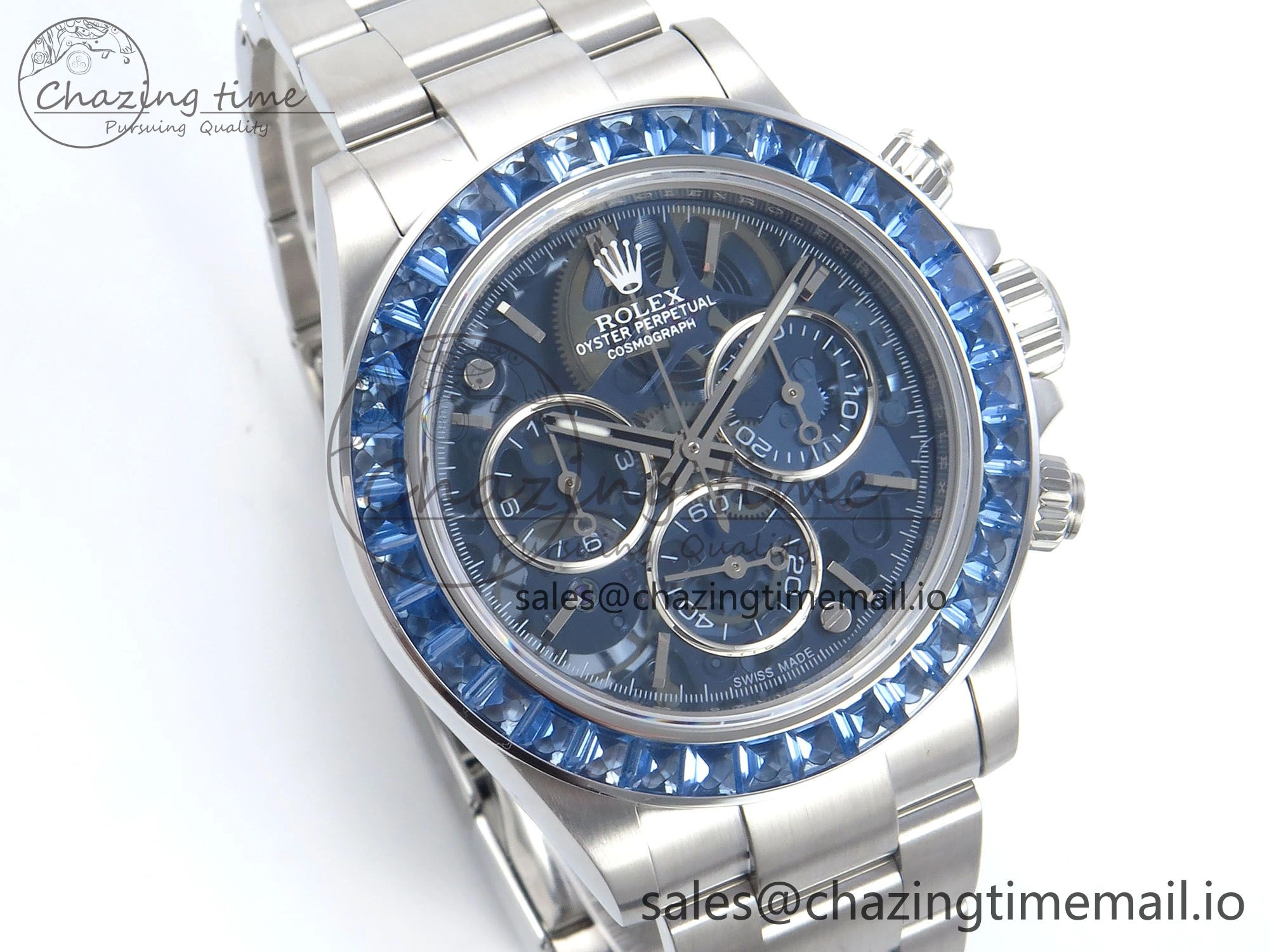 Packable Daytona Artisans SS GETF Best Edition Blue Skeleton Dial Diamonds Bezel on SS Bracelet DD 371