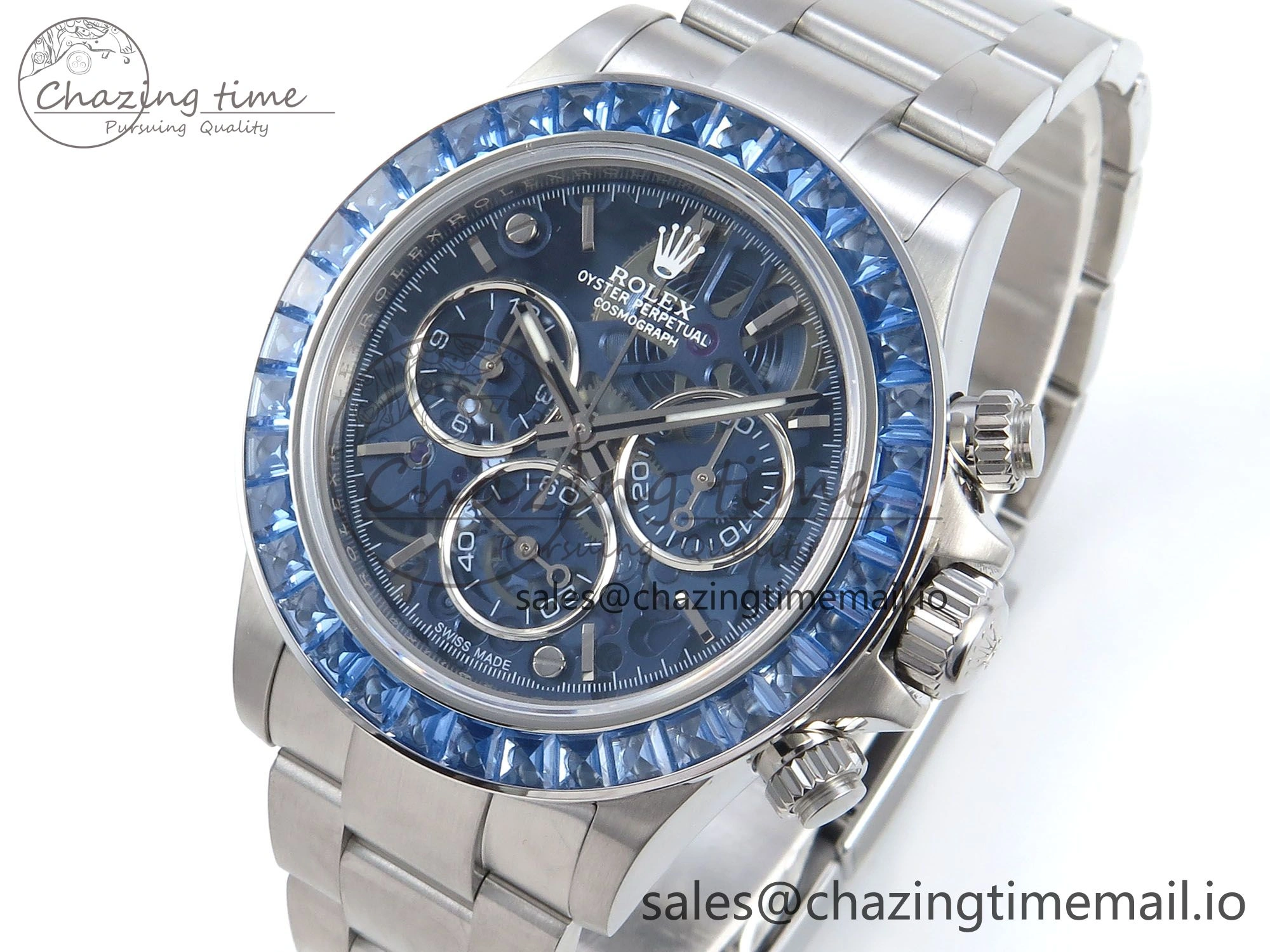 Packable Daytona Artisans SS GETF Best Edition Blue Skeleton Dial Diamonds Bezel on SS Bracelet DD 371