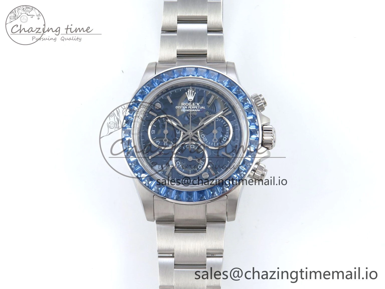 Packable Daytona Artisans SS GETF Best Edition Blue Skeleton Dial Diamonds Bezel on SS Bracelet DD 371