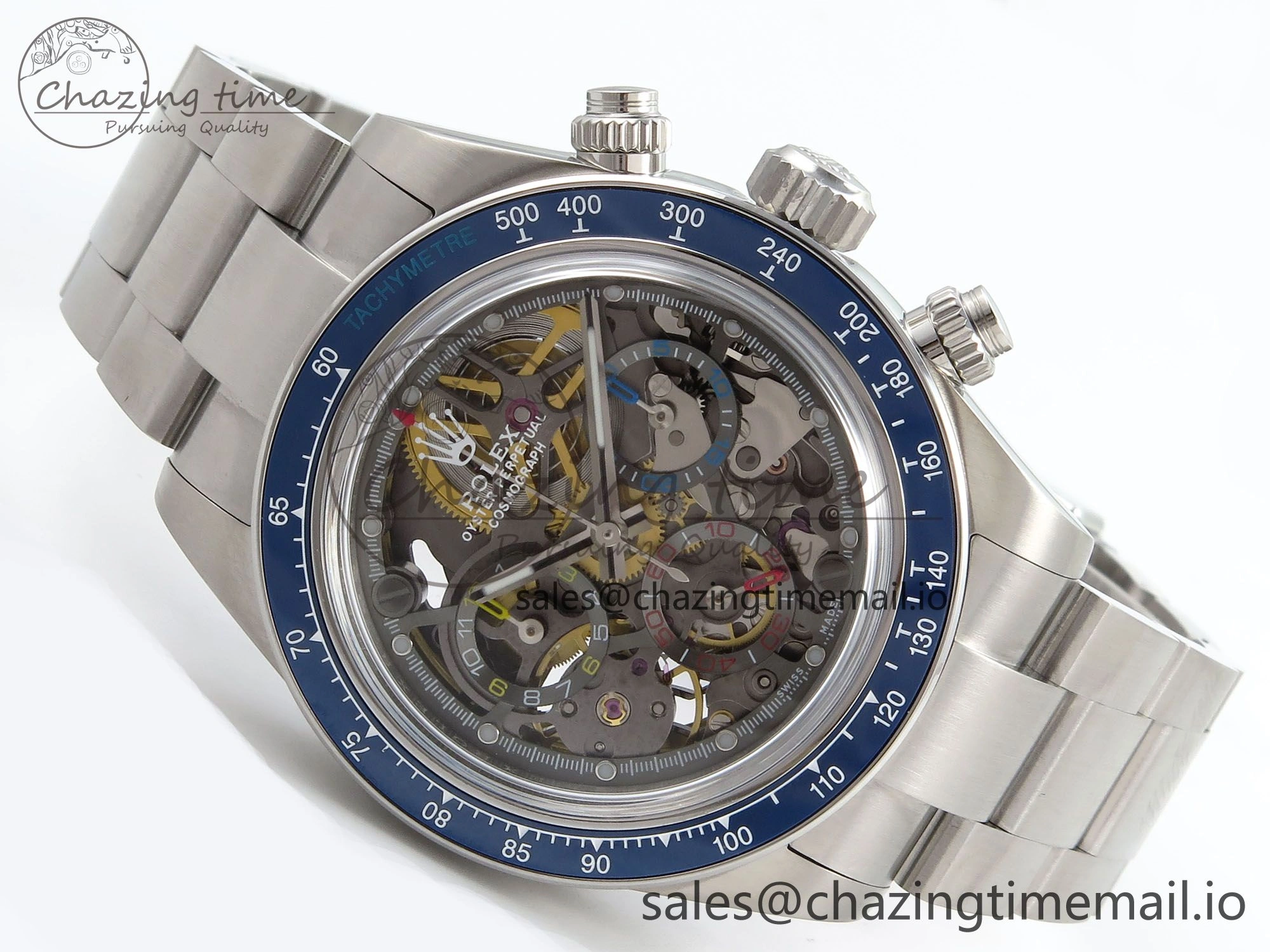 EasyMatch Daytona Artisans Skeleton SS ADGF Best Edition Blue Ceramic Bezel Skeleton Dial on SS Oyster Bracelet SA 1175