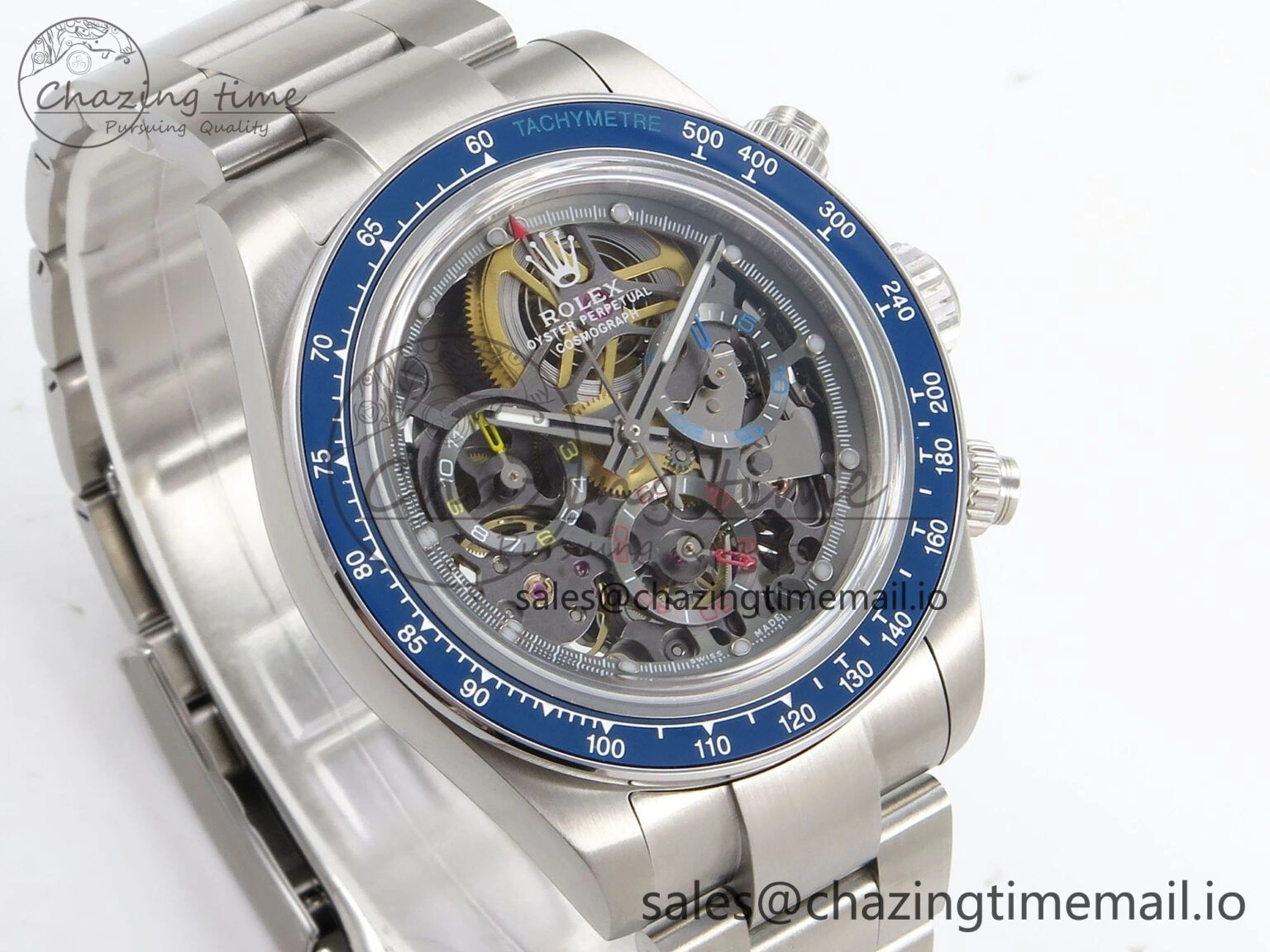 EasyMatch Daytona Artisans Skeleton SS ADGF Best Edition Blue Ceramic Bezel Skeleton Dial on SS Oyster Bracelet SA 1175