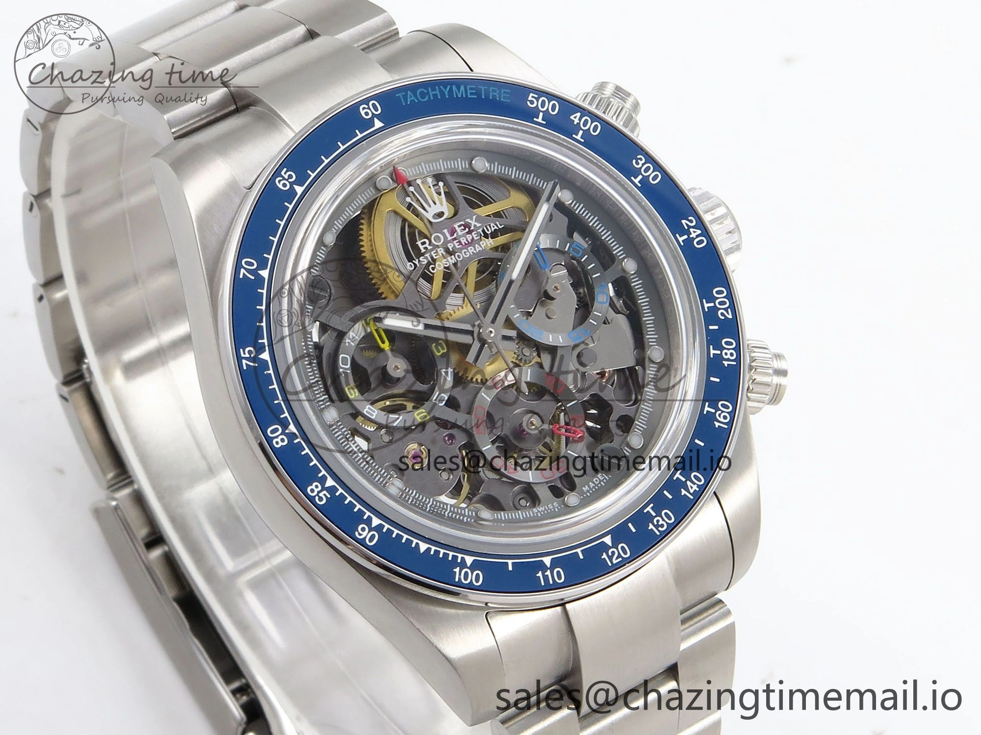 EasyMatch Daytona Artisans Skeleton SS ADGF Best Edition Blue Ceramic Bezel Skeleton Dial on SS Oyster Bracelet SA 1175