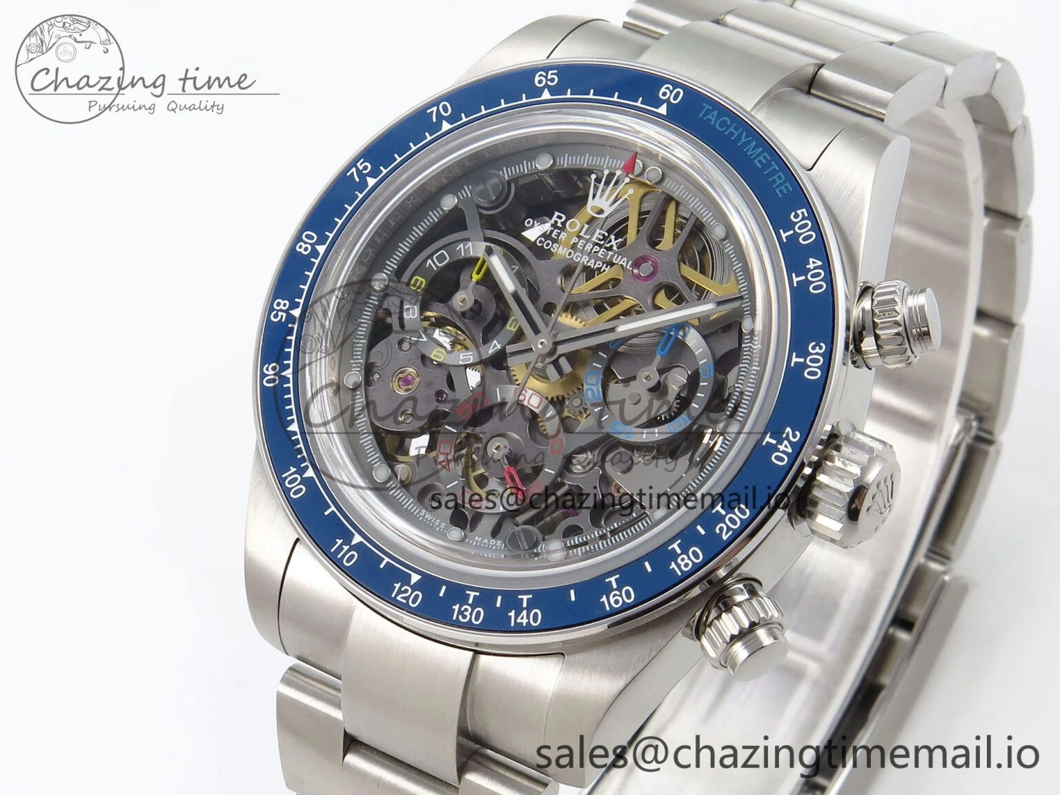 EasyMatch Daytona Artisans Skeleton SS ADGF Best Edition Blue Ceramic Bezel Skeleton Dial on SS Oyster Bracelet SA 1175