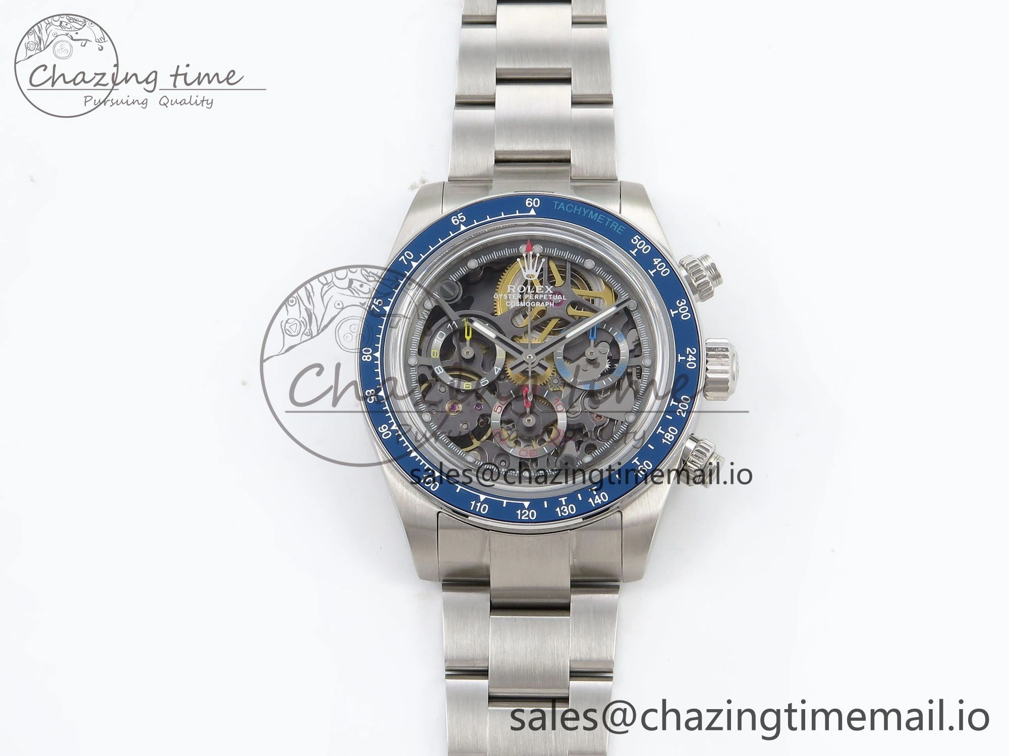 EasyMatch Daytona Artisans Skeleton SS ADGF Best Edition Blue Ceramic Bezel Skeleton Dial on SS Oyster Bracelet SA 1175