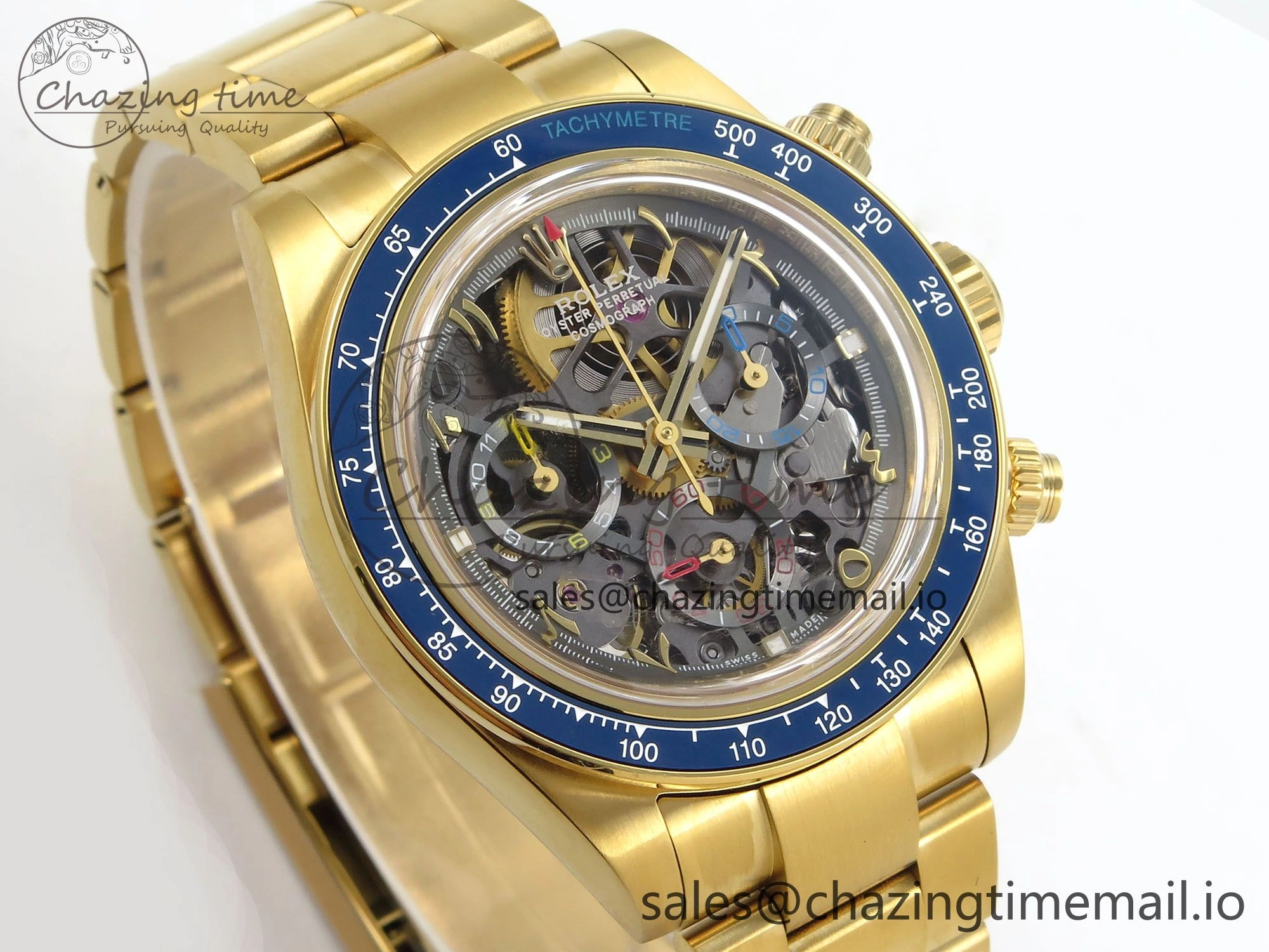 Daytona Artisans Skeleton YG ADGF Best Edition Blue Ceramic Bezel Skeleton Dial on YG Oyster Bracelet SA OnTrend 1174