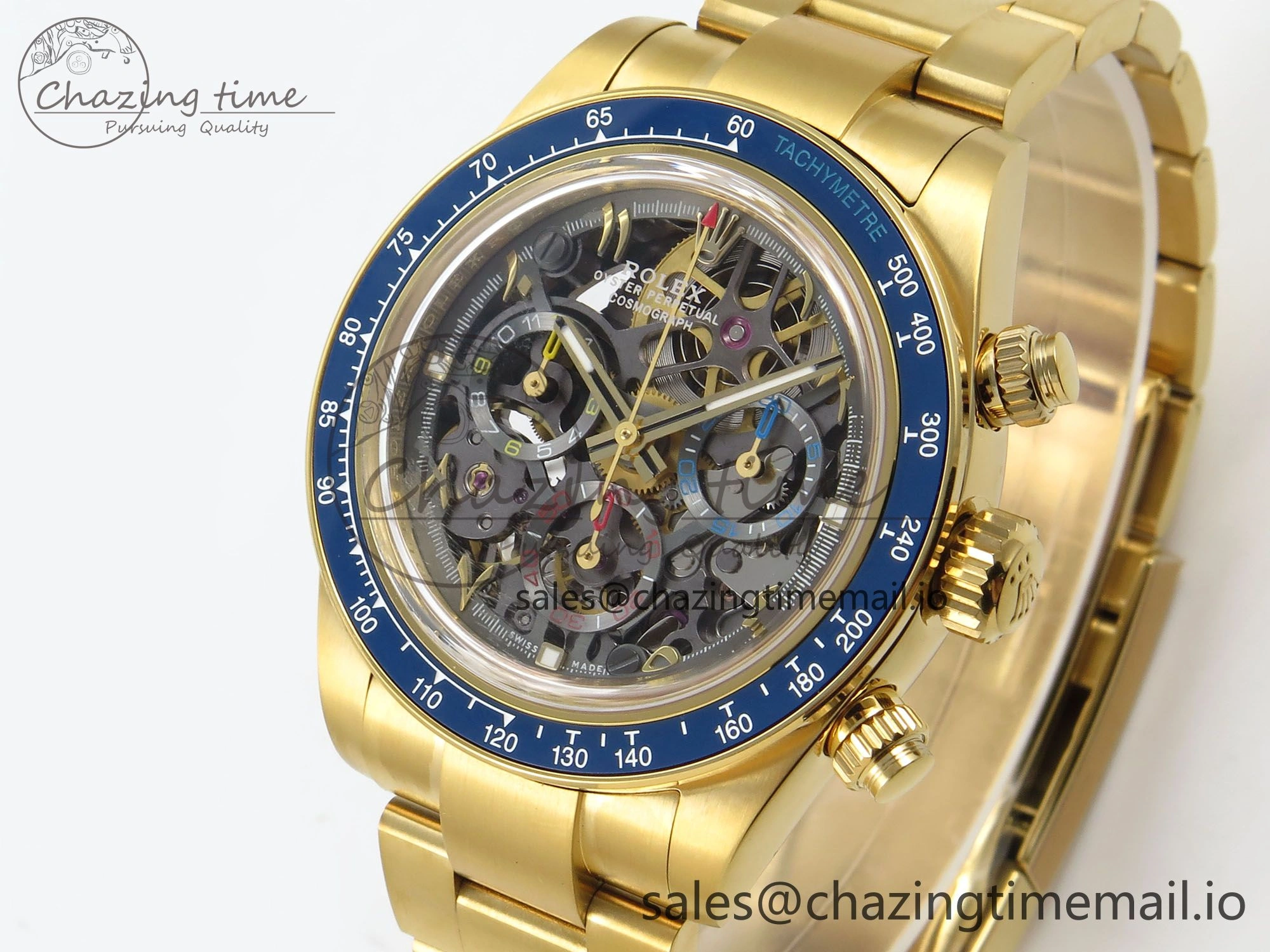 Daytona Artisans Skeleton YG ADGF Best Edition Blue Ceramic Bezel Skeleton Dial on YG Oyster Bracelet SA OnTrend 1174