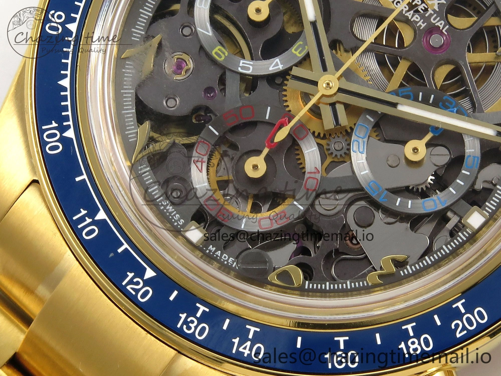 Daytona Artisans Skeleton YG ADGF Best Edition Blue Ceramic Bezel Skeleton Dial on YG Oyster Bracelet SA OnTrend 1174