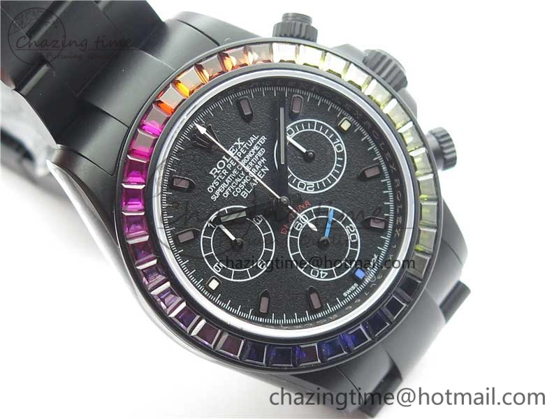 Daytona Blaken Rainbow Crystal Bezel PVD OXF Best Edition Black Dial on PVD Bracelet A Elegant 2942
