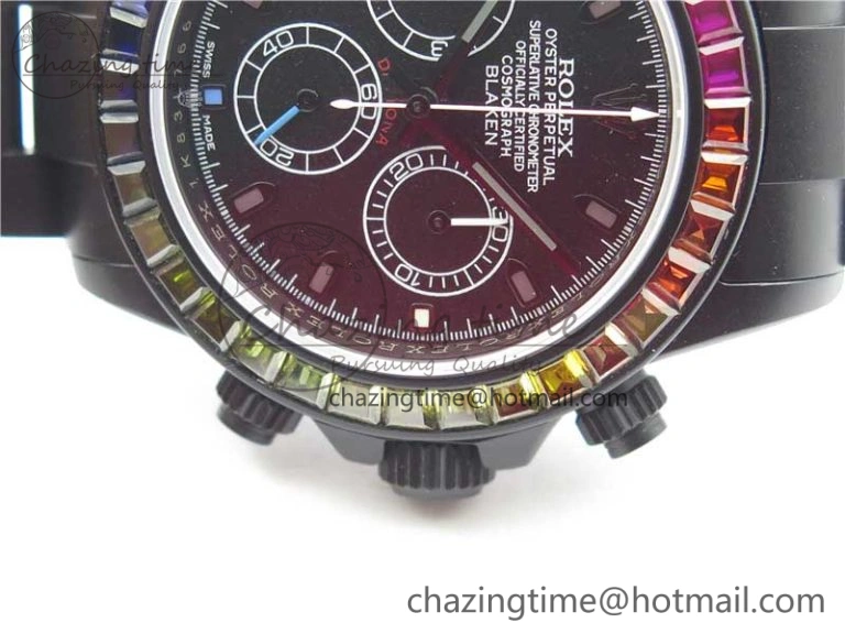 Daytona Blaken Rainbow Crystal Bezel PVD OXF Best Edition Black Dial on PVD Bracelet A Elegant 2942
