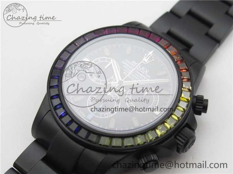 Daytona Blaken Rainbow Crystal Bezel PVD OXF Best Edition Black Dial on PVD Bracelet A Elegant 2942