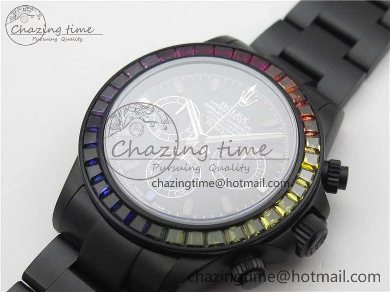 Daytona Blaken Rainbow Crystal Bezel PVD OXF Best Edition Black Dial on PVD Bracelet A Elegant 2942
