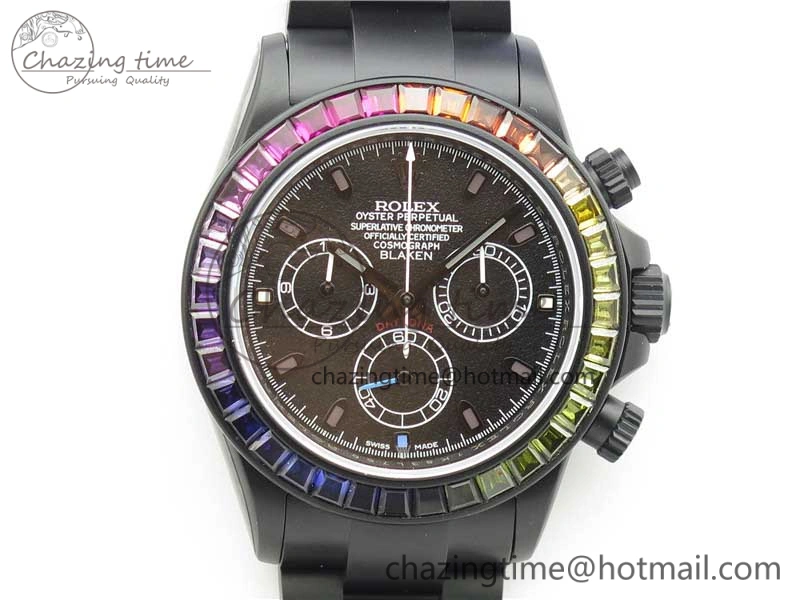 Daytona Blaken Rainbow Crystal Bezel PVD OXF Best Edition Black Dial on PVD Bracelet A Elegant 2942