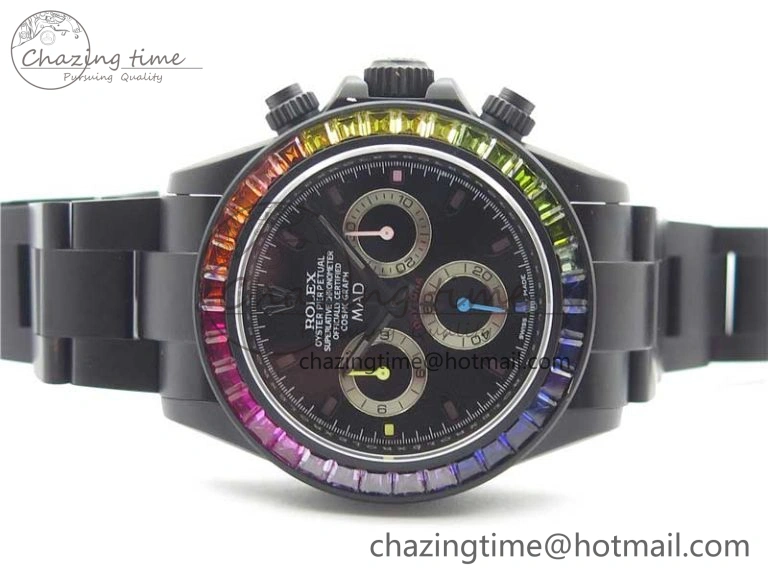 GoAnywhere Daytona Blaken Rainbow Crystal Bezel PVD VR Best Edition Black Dial on PVD Bracelet A7750 V 2759