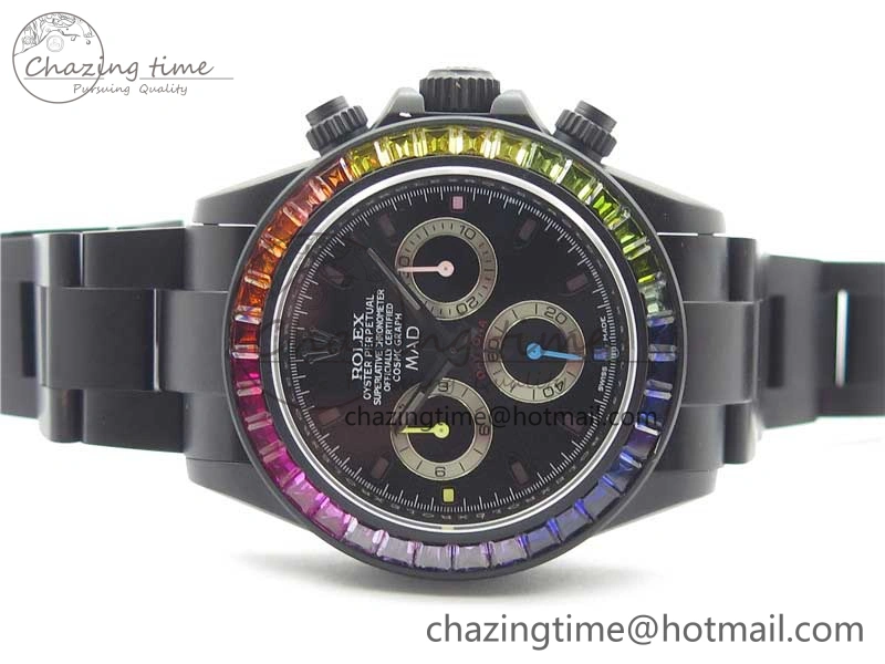 GoAnywhere Daytona Blaken Rainbow Crystal Bezel PVD VR Best Edition Black Dial on PVD Bracelet A7750 V 2759