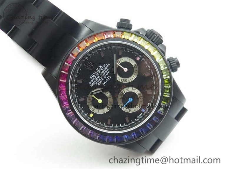 GoAnywhere Daytona Blaken Rainbow Crystal Bezel PVD VR Best Edition Black Dial on PVD Bracelet A7750 V 2759