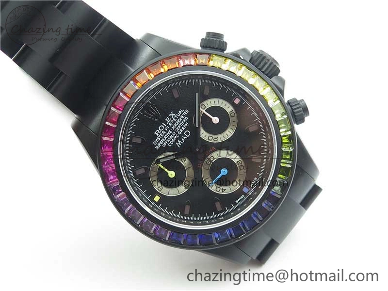 GoAnywhere Daytona Blaken Rainbow Crystal Bezel PVD VR Best Edition Black Dial on PVD Bracelet A7750 V 2759