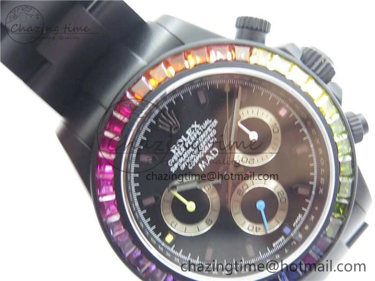 GoAnywhere Daytona Blaken Rainbow Crystal Bezel PVD VR Best Edition Black Dial on PVD Bracelet A7750 V 2759