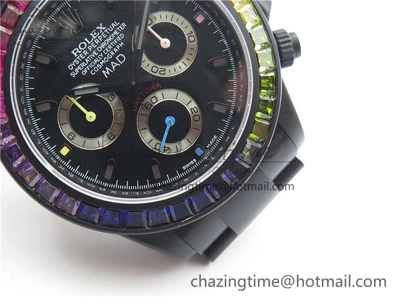 GoAnywhere Daytona Blaken Rainbow Crystal Bezel PVD VR Best Edition Black Dial on PVD Bracelet A7750 V 2759
