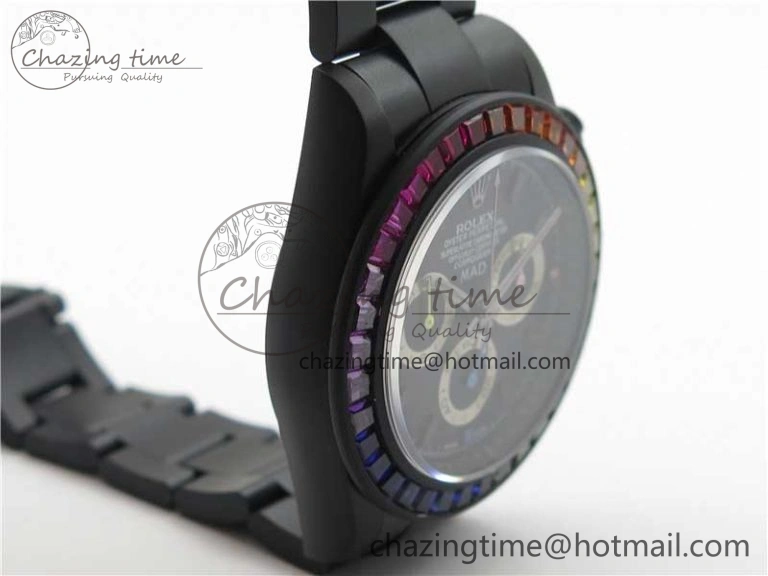 GoAnywhere Daytona Blaken Rainbow Crystal Bezel PVD VR Best Edition Black Dial on PVD Bracelet A7750 V 2759