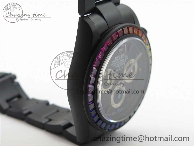 GoAnywhere Daytona Blaken Rainbow Crystal Bezel PVD VR Best Edition Black Dial on PVD Bracelet A7750 V 2759