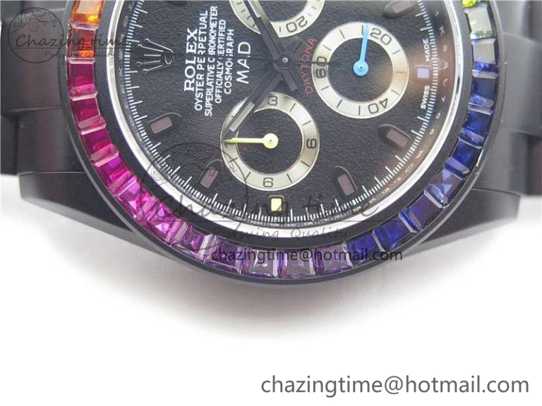 GoAnywhere Daytona Blaken Rainbow Crystal Bezel PVD VR Best Edition Black Dial on PVD Bracelet A7750 V 2759