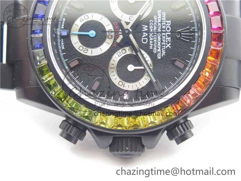 GoAnywhere Daytona Blaken Rainbow Crystal Bezel PVD VR Best Edition Black Dial on PVD Bracelet A7750 V 2759