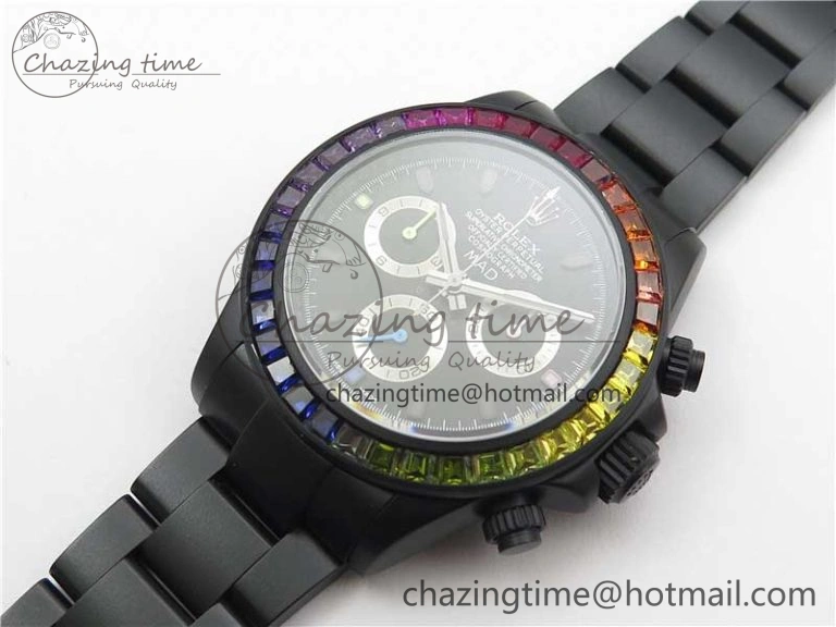GoAnywhere Daytona Blaken Rainbow Crystal Bezel PVD VR Best Edition Black Dial on PVD Bracelet A7750 V 2759