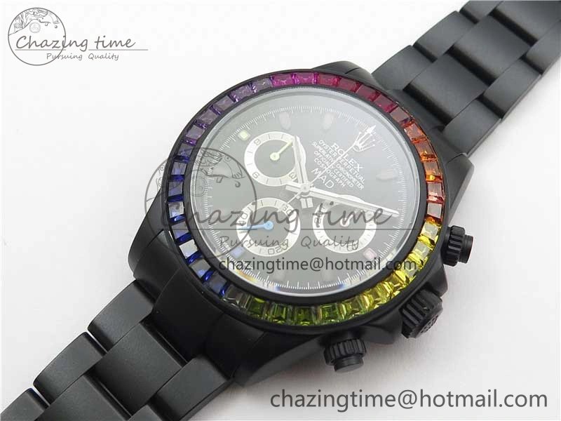 GoAnywhere Daytona Blaken Rainbow Crystal Bezel PVD VR Best Edition Black Dial on PVD Bracelet A7750 V 2759