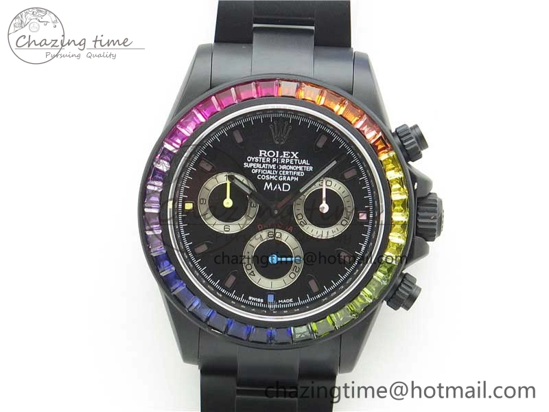 GoAnywhere Daytona Blaken Rainbow Crystal Bezel PVD VR Best Edition Black Dial on PVD Bracelet A7750 V 2759