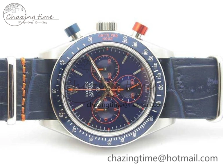 Daytona Blue Red Pushers BP Maker Blue Dial On SS Bracelet A4130 (Free Leather Strap) Vibrant 3446