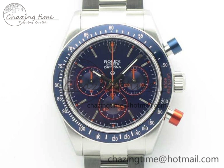 Daytona Blue Red Pushers BP Maker Blue Dial On SS Bracelet A4130 (Free Leather Strap) Vibrant 3446