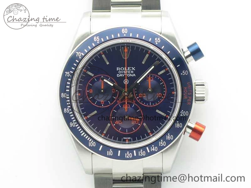 Daytona Blue Red Pushers BP Maker Blue Dial On SS Bracelet A4130 (Free Leather Strap) Vibrant 3446
