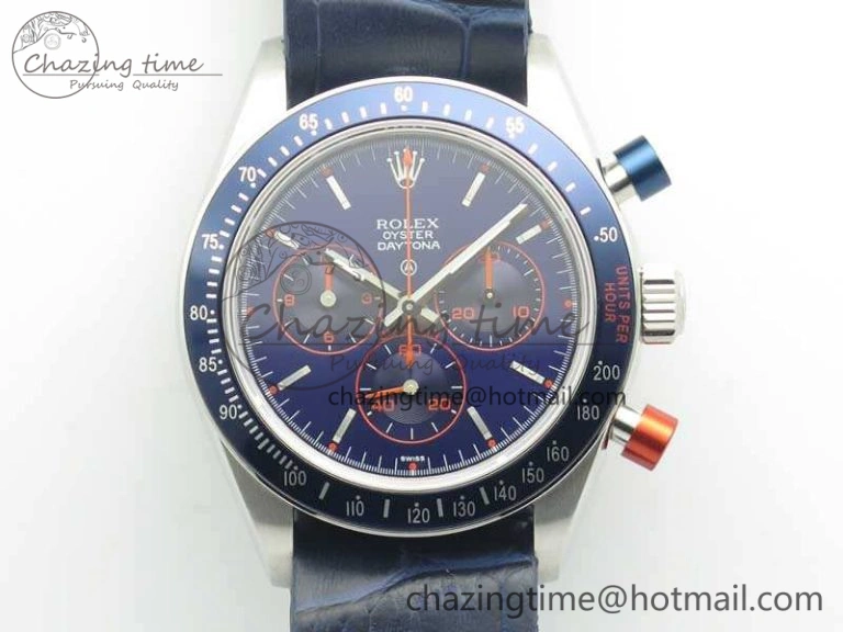 Daytona Blue Red Pushers BP Maker Blue Dial On SS Bracelet A4130 (Free Leather Strap) Vibrant 3446