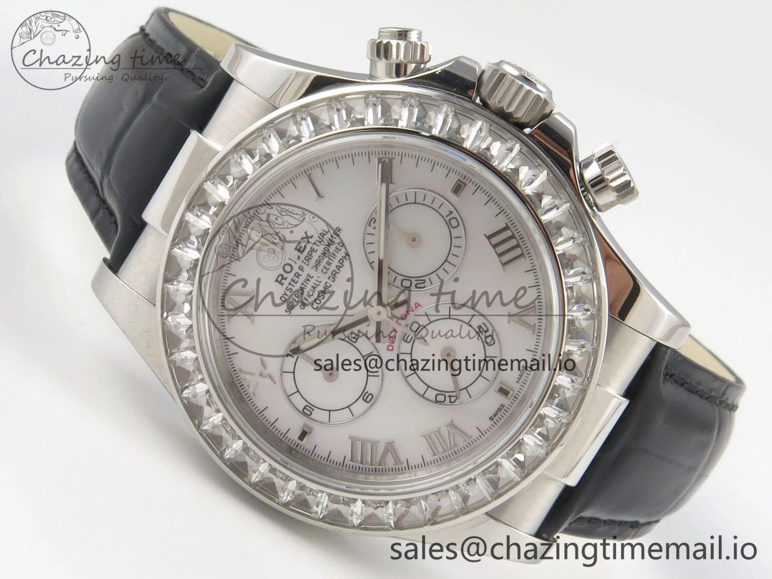 Daytona Cosmograph Light Crystals Bezel SS MPF Best White MOP Dial On Black Leather Strap A FlexibleFit 318