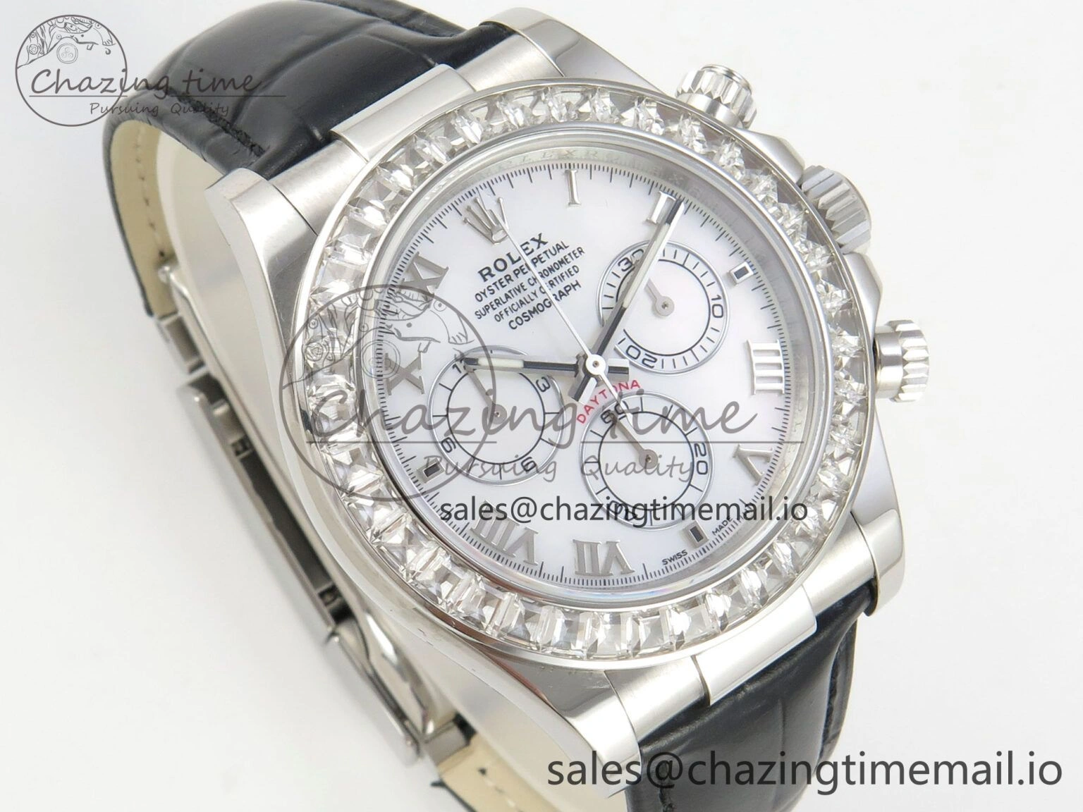 Daytona Cosmograph Light Crystals Bezel SS MPF Best White MOP Dial On Black Leather Strap A FlexibleFit 318