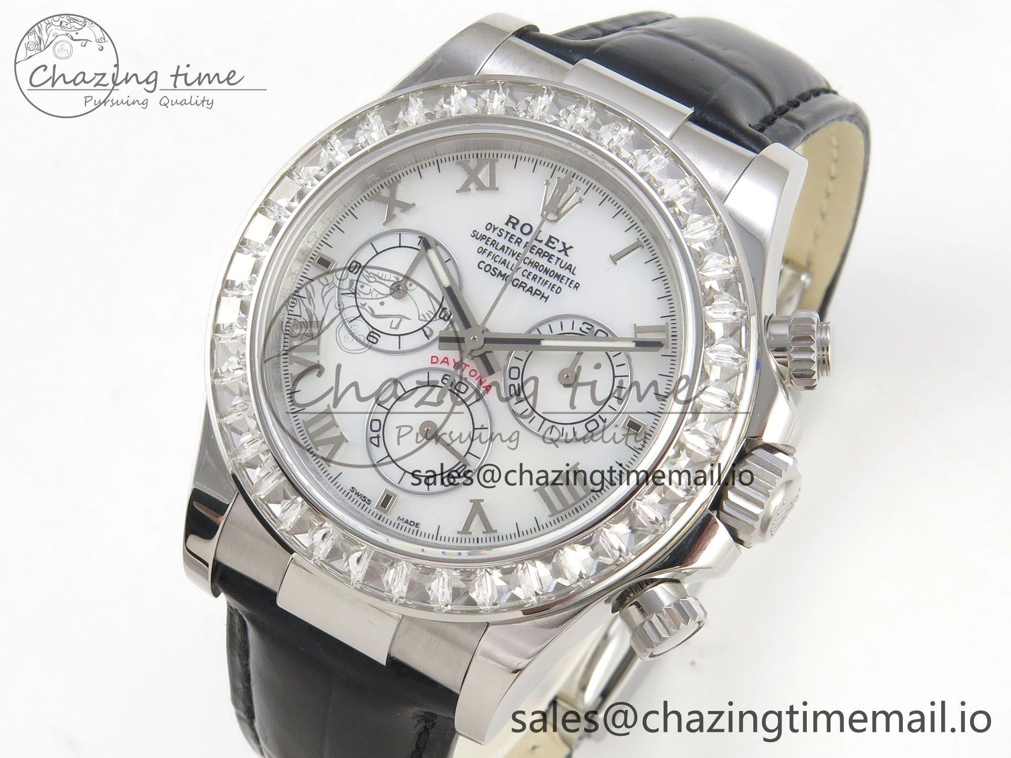Daytona Cosmograph Light Crystals Bezel SS MPF Best White MOP Dial On Black Leather Strap A FlexibleFit 318