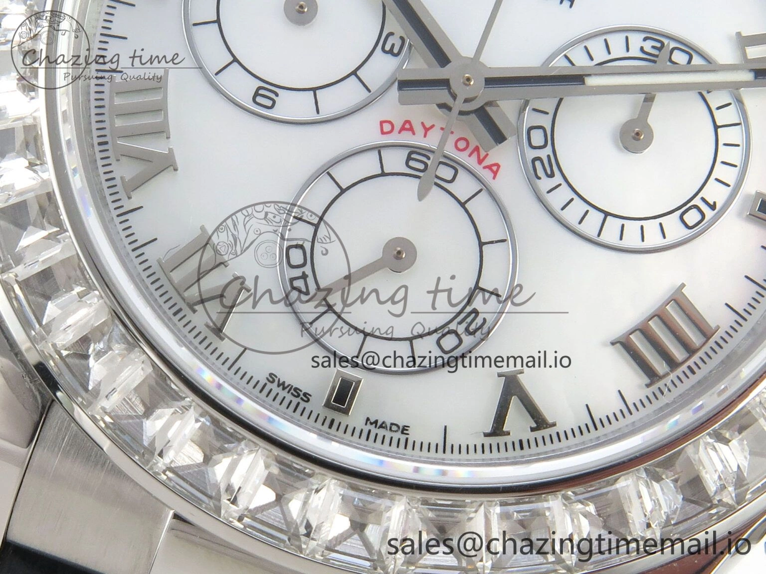 Daytona Cosmograph Light Crystals Bezel SS MPF Best White MOP Dial On Black Leather Strap A FlexibleFit 318