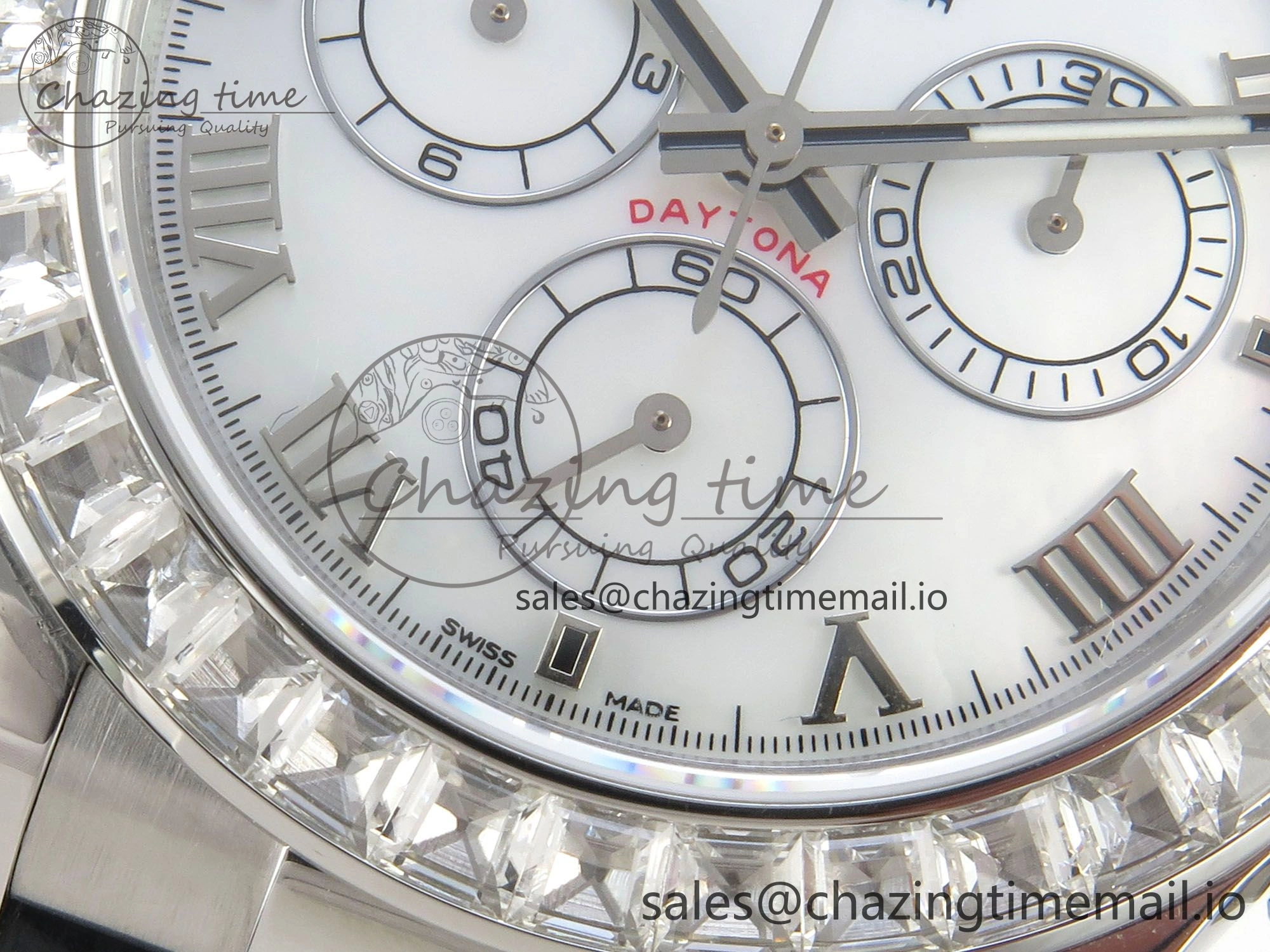 Daytona Cosmograph Light Crystals Bezel SS MPF Best White MOP Dial On Black Leather Strap A FlexibleFit 318