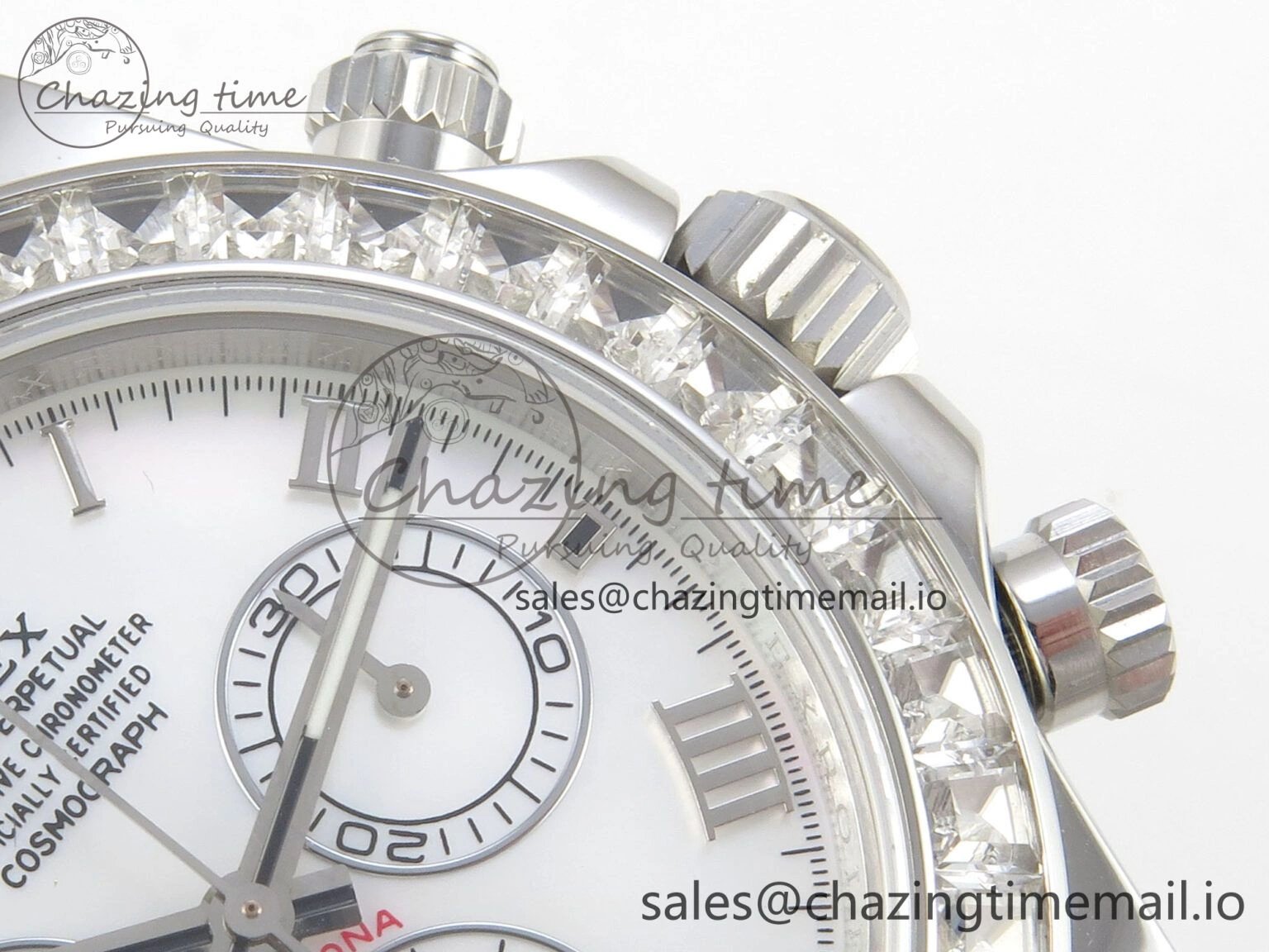 Daytona Cosmograph Light Crystals Bezel SS MPF Best White MOP Dial On Black Leather Strap A FlexibleFit 318