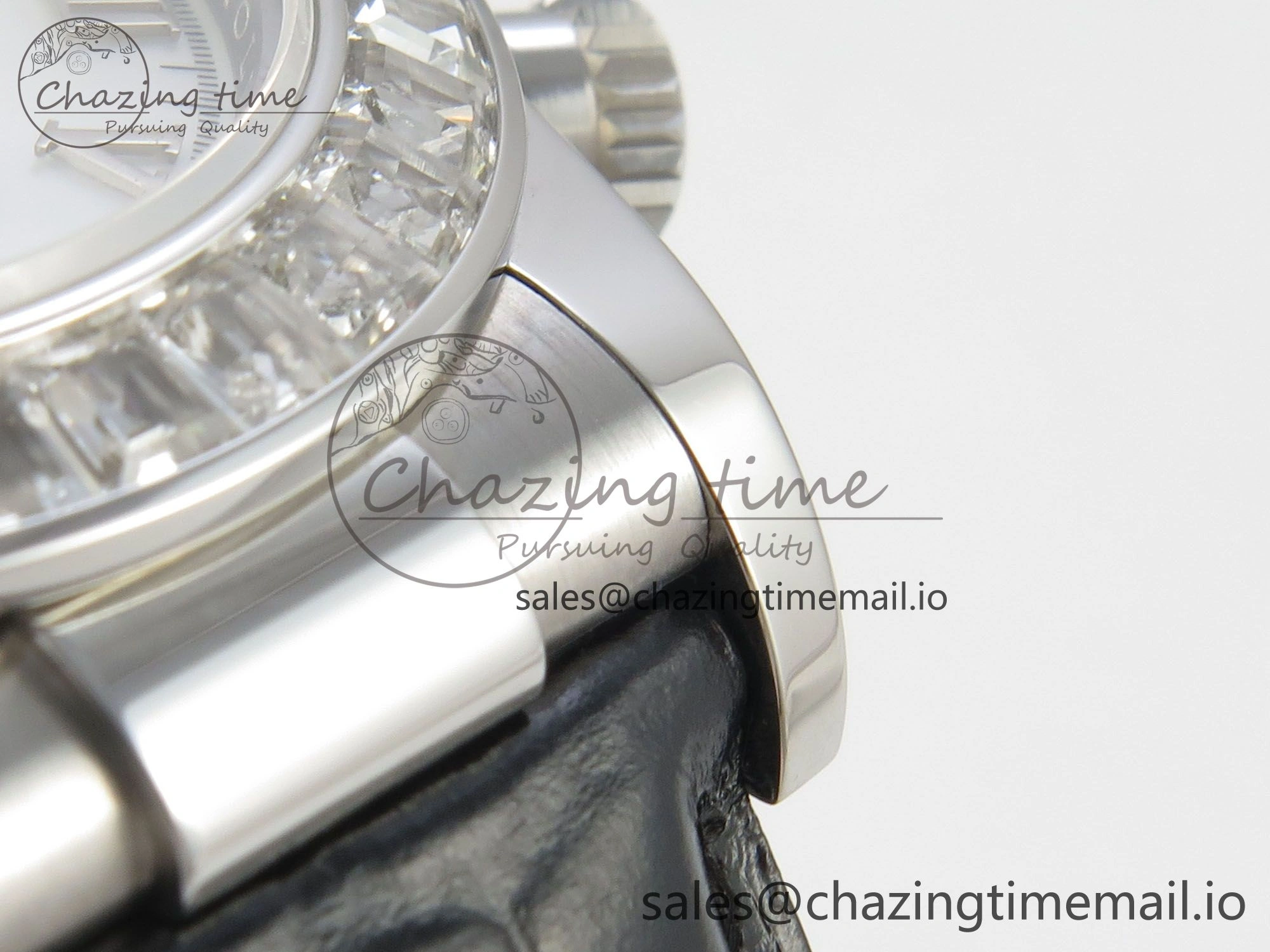 Daytona Cosmograph Light Crystals Bezel SS MPF Best White MOP Dial On Black Leather Strap A FlexibleFit 318