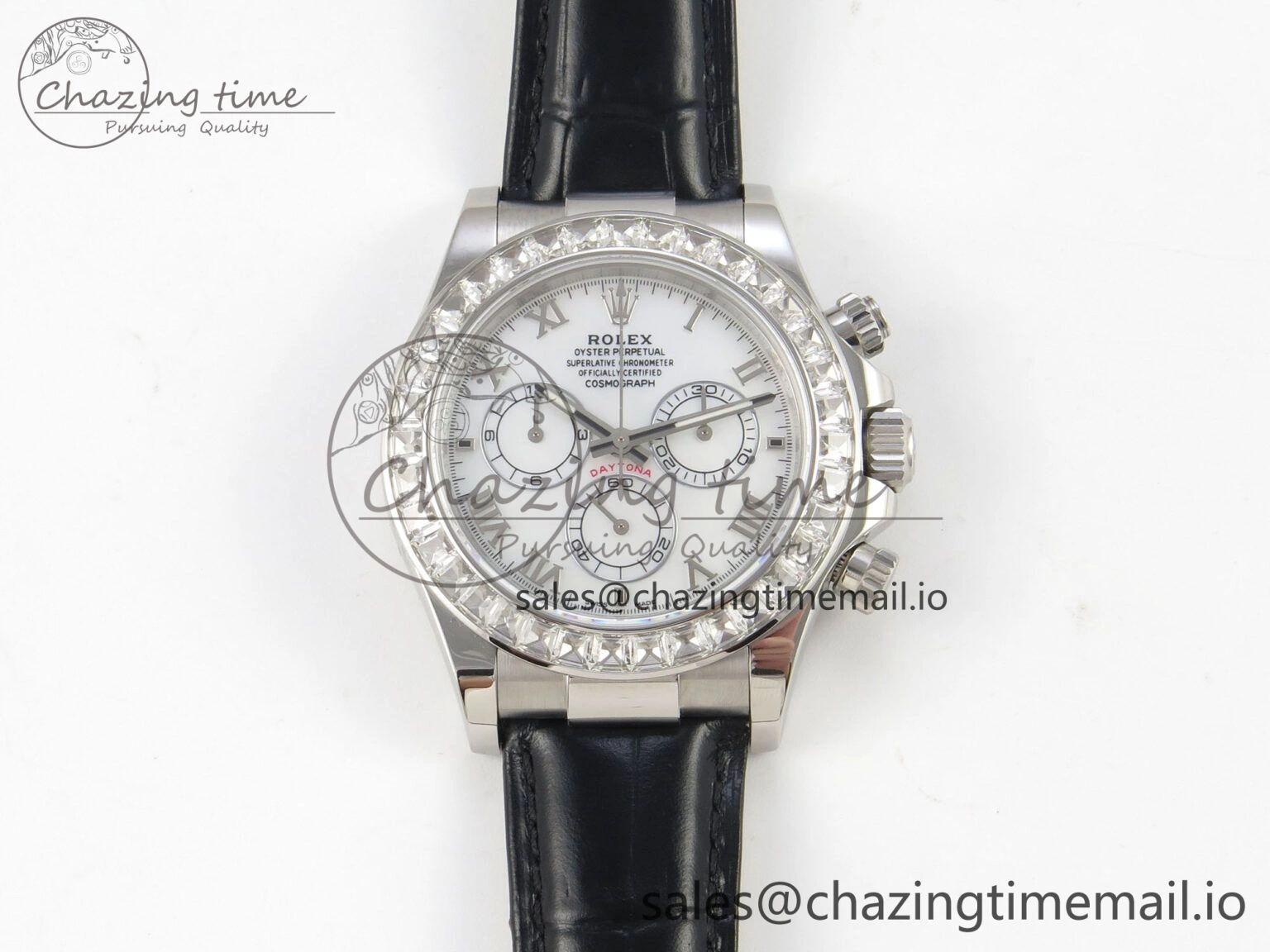 Daytona Cosmograph Light Crystals Bezel SS MPF Best White MOP Dial On Black Leather Strap A FlexibleFit 318