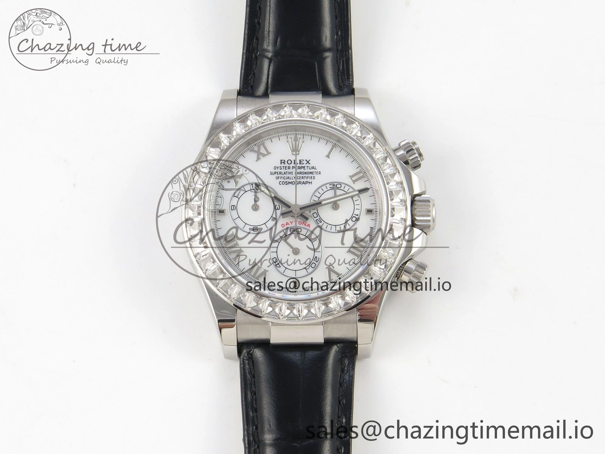 Daytona Cosmograph Light Crystals Bezel SS MPF Best White MOP Dial On Black Leather Strap A FlexibleFit 318