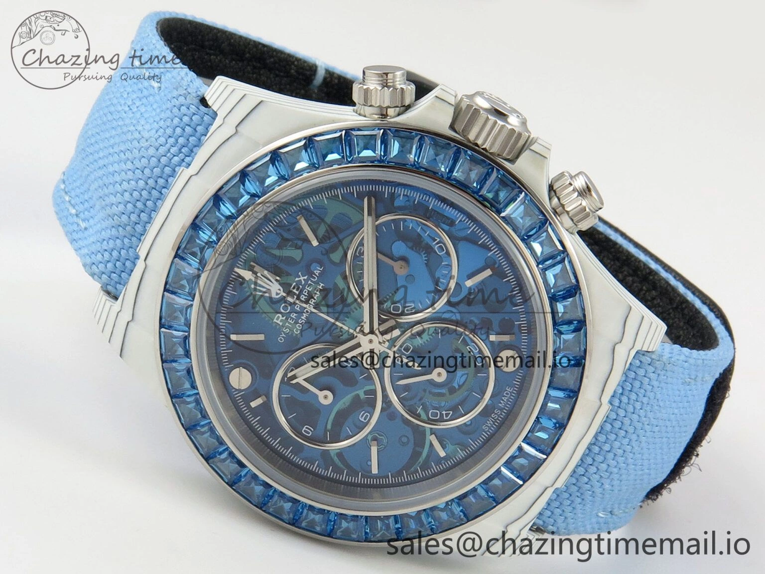 FlexibleFit Daytona Cosmograph White Carbon Blue Crystals Bezel MPF Best Blue Skeleton Dial on Blue Nylon Strap A 313