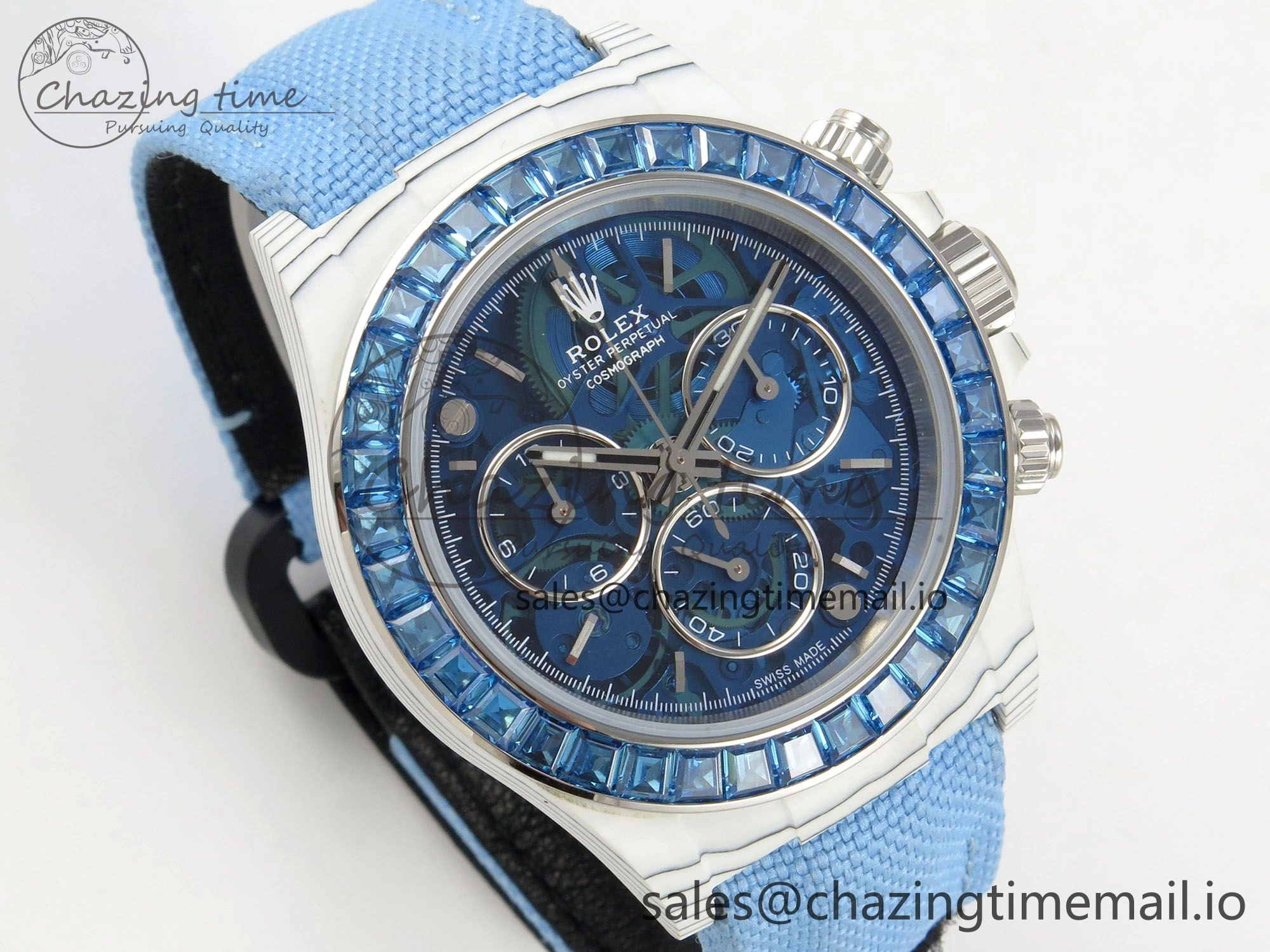 FlexibleFit Daytona Cosmograph White Carbon Blue Crystals Bezel MPF Best Blue Skeleton Dial on Blue Nylon Strap A 313
