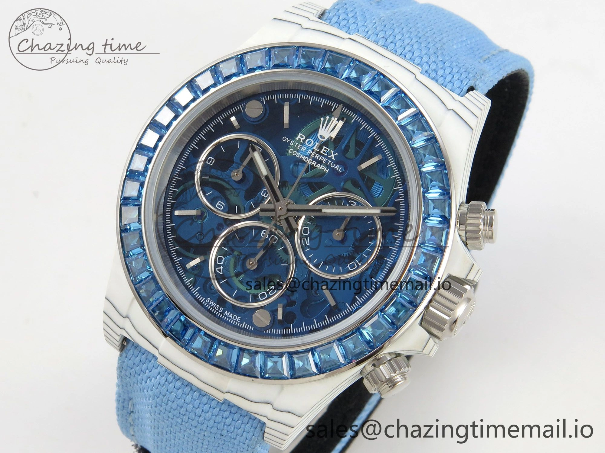 FlexibleFit Daytona Cosmograph White Carbon Blue Crystals Bezel MPF Best Blue Skeleton Dial on Blue Nylon Strap A 313