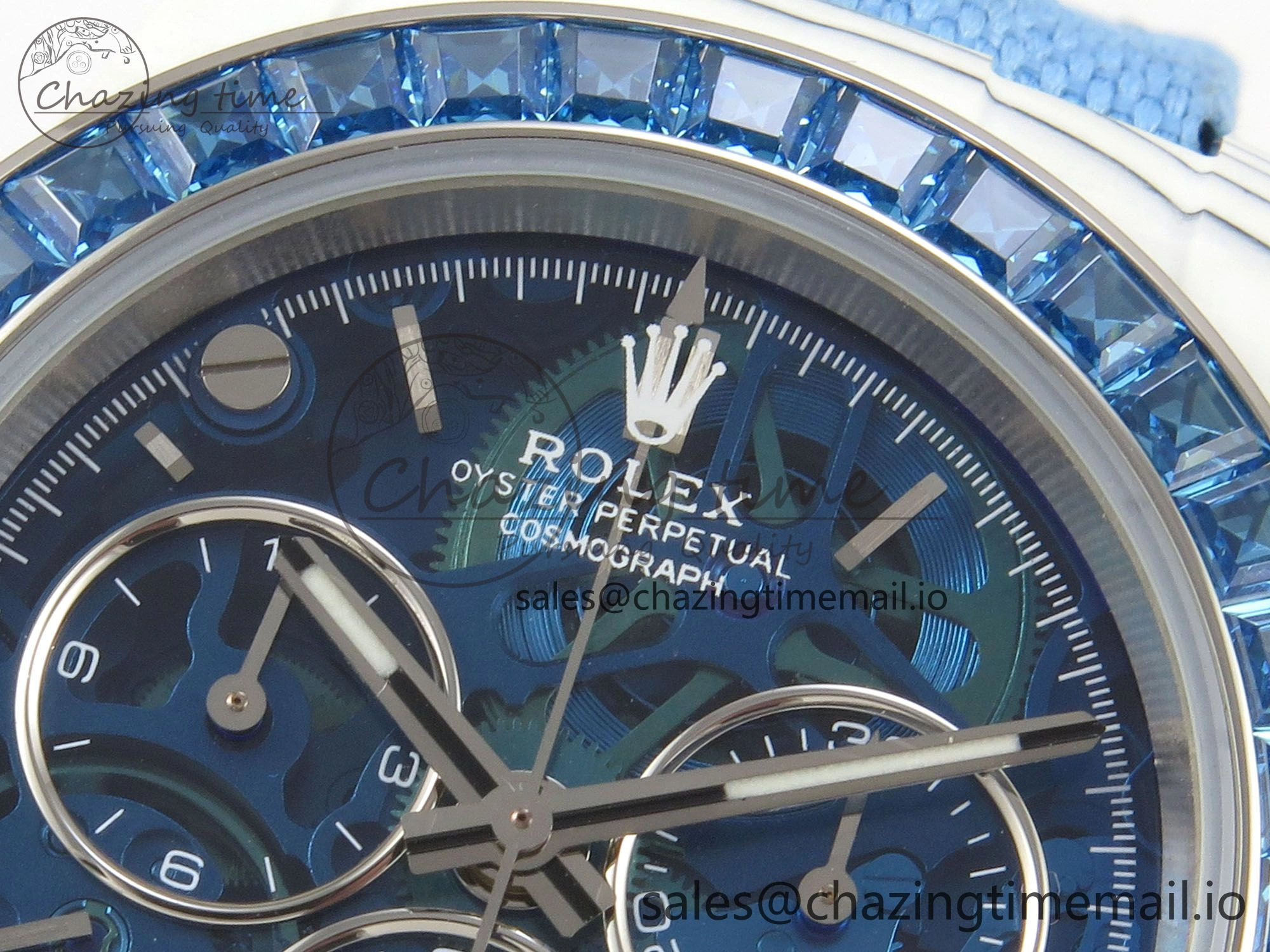 FlexibleFit Daytona Cosmograph White Carbon Blue Crystals Bezel MPF Best Blue Skeleton Dial on Blue Nylon Strap A 313