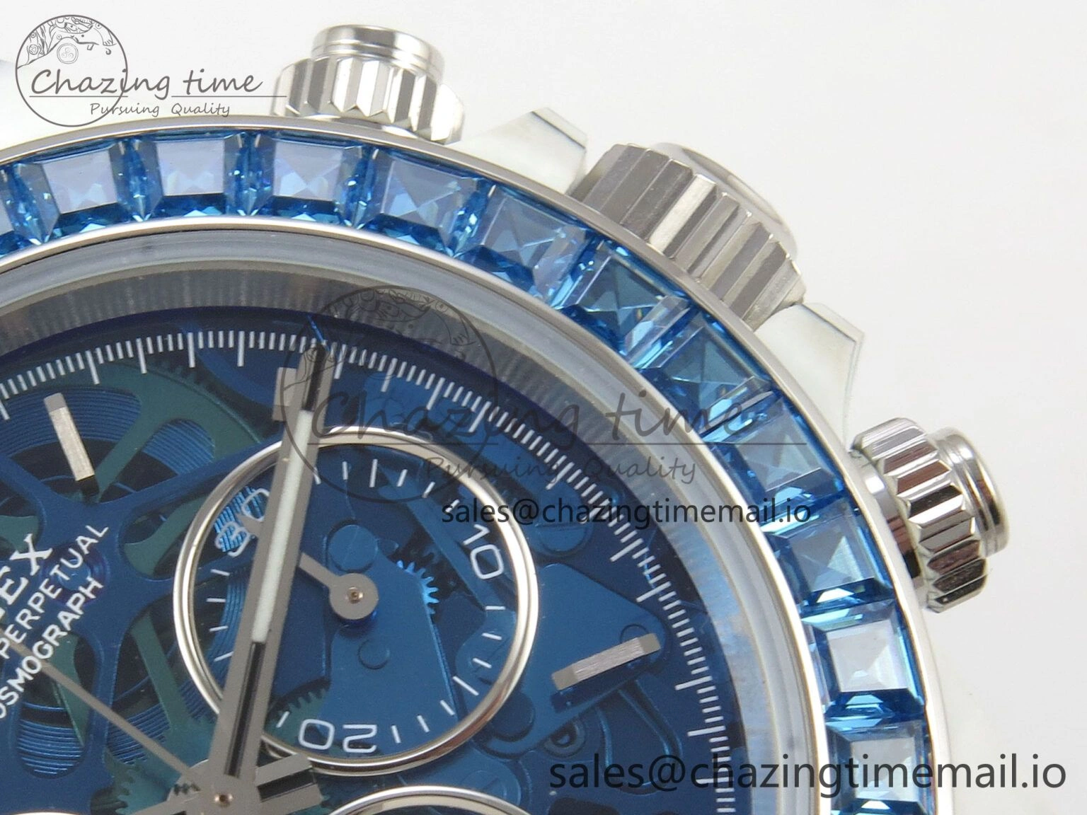 FlexibleFit Daytona Cosmograph White Carbon Blue Crystals Bezel MPF Best Blue Skeleton Dial on Blue Nylon Strap A 313