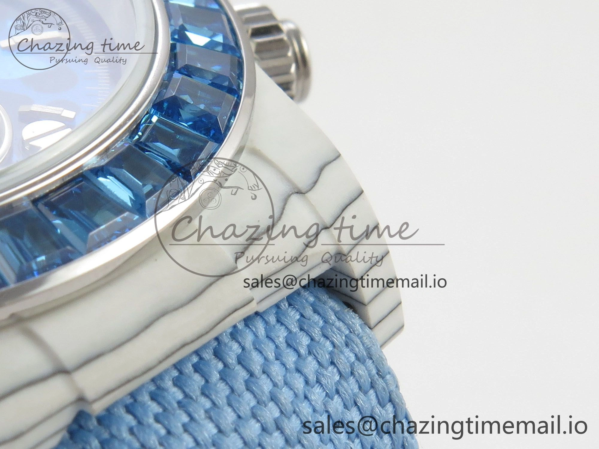 FlexibleFit Daytona Cosmograph White Carbon Blue Crystals Bezel MPF Best Blue Skeleton Dial on Blue Nylon Strap A 313