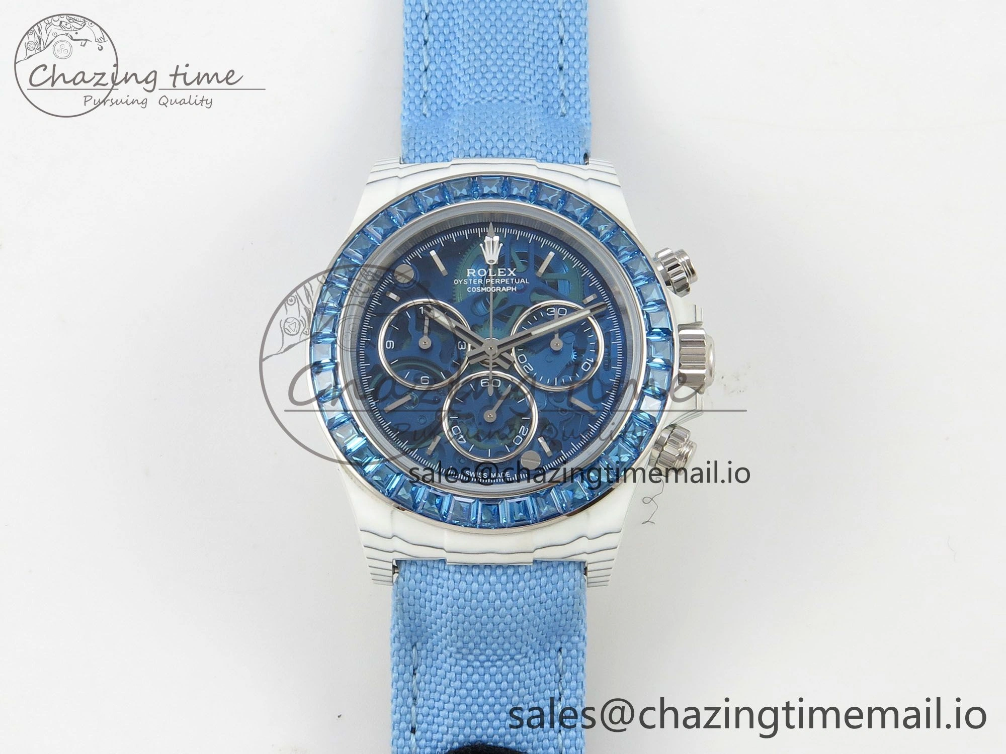 FlexibleFit Daytona Cosmograph White Carbon Blue Crystals Bezel MPF Best Blue Skeleton Dial on Blue Nylon Strap A 313