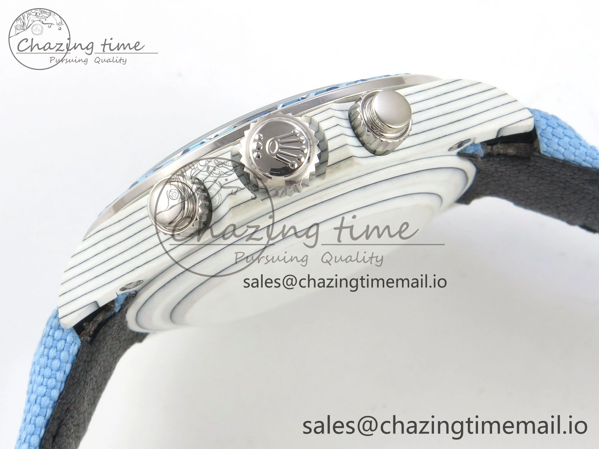FlexibleFit Daytona Cosmograph White Carbon Blue Crystals Bezel MPF Best Blue Skeleton Dial on Blue Nylon Strap A 313